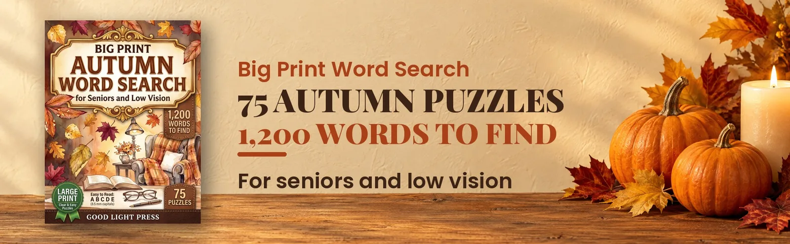 The Big Print Autumn Word Search cover beside pumpkins, maple leaves and a candle.