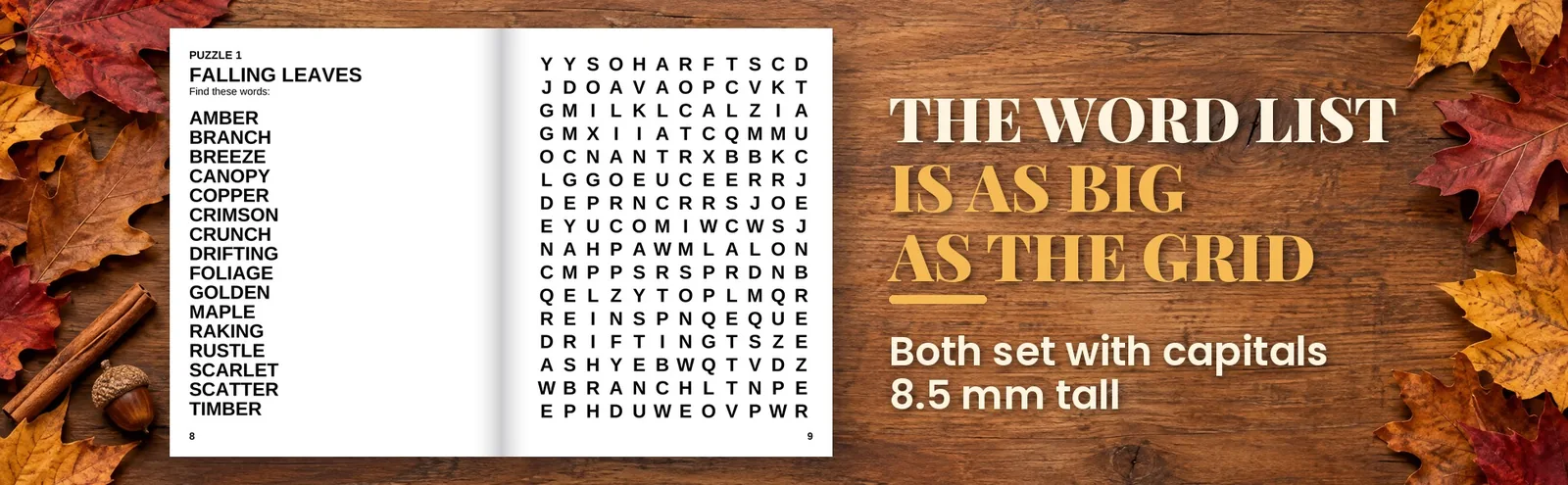 An open book with a word list on the left page and its puzzle grid on the right.