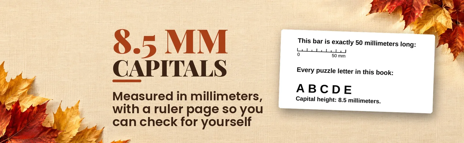 The ruler page from the book showing a 50 millimeter bar and capital letters 8.5 mm tall.