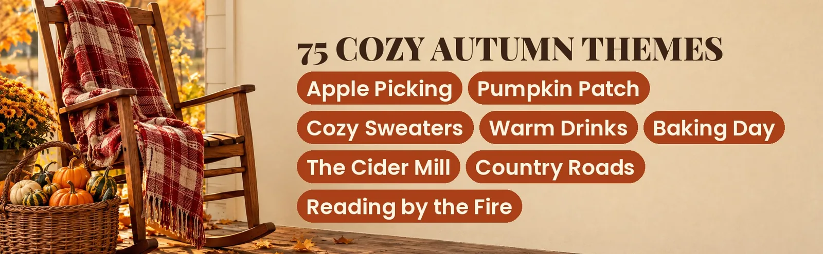 Autumn puzzle theme names like Apple Picking and Baking Day beside a porch rocking chair.