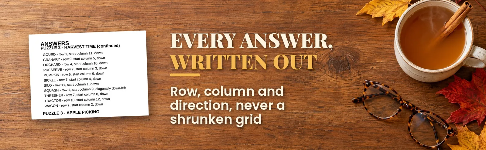 An answer page listing each word with its row, column and direction beside a mug of cider.