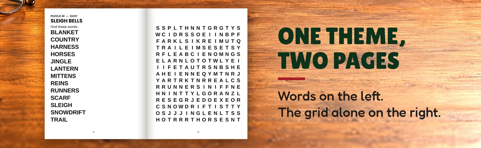An open book showing the Sleigh Bells word list on the left page and its puzzle grid on the right.