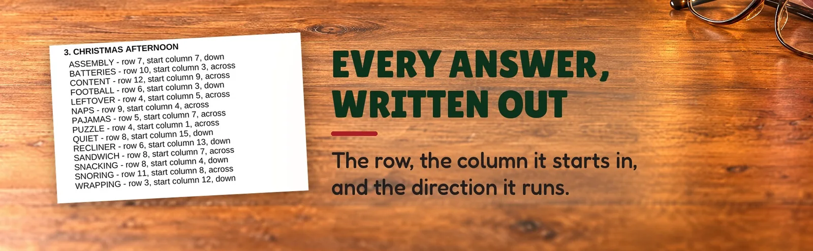 An answer key page listing each word with its row, starting column and direction.