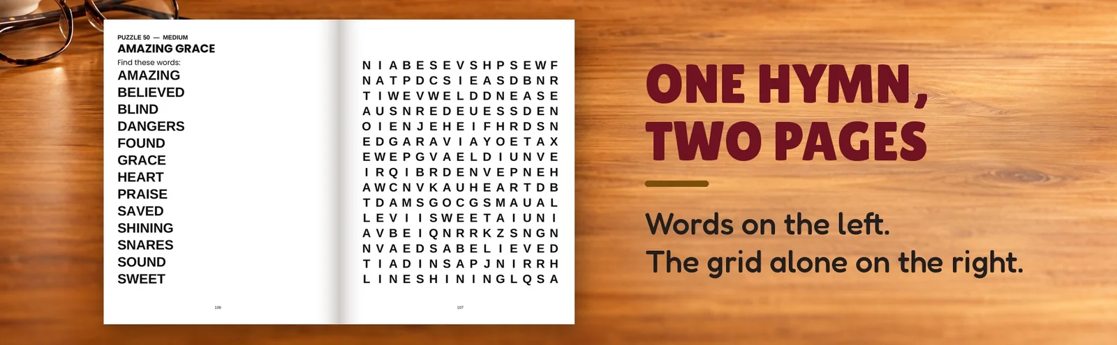 An open book showing the Amazing Grace word list on the left page and its puzzle grid on the right.