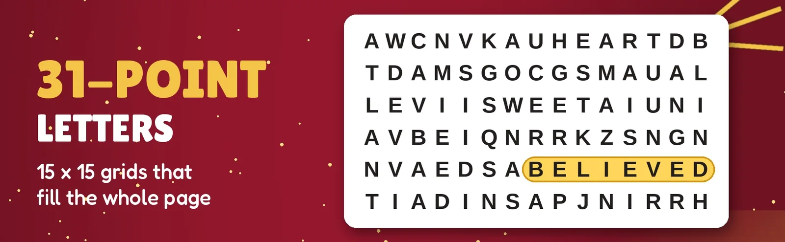 A close-up of large puzzle letters with the word BELIEVED circled in gold.