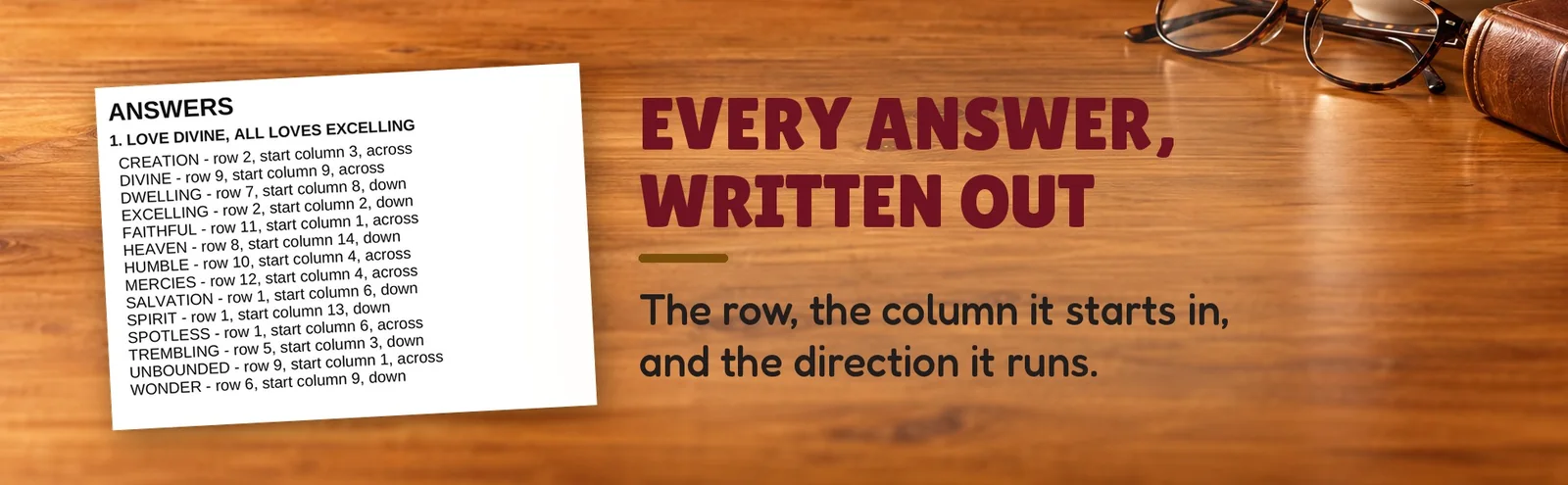 An answer key page listing each word with its row, starting column and direction.