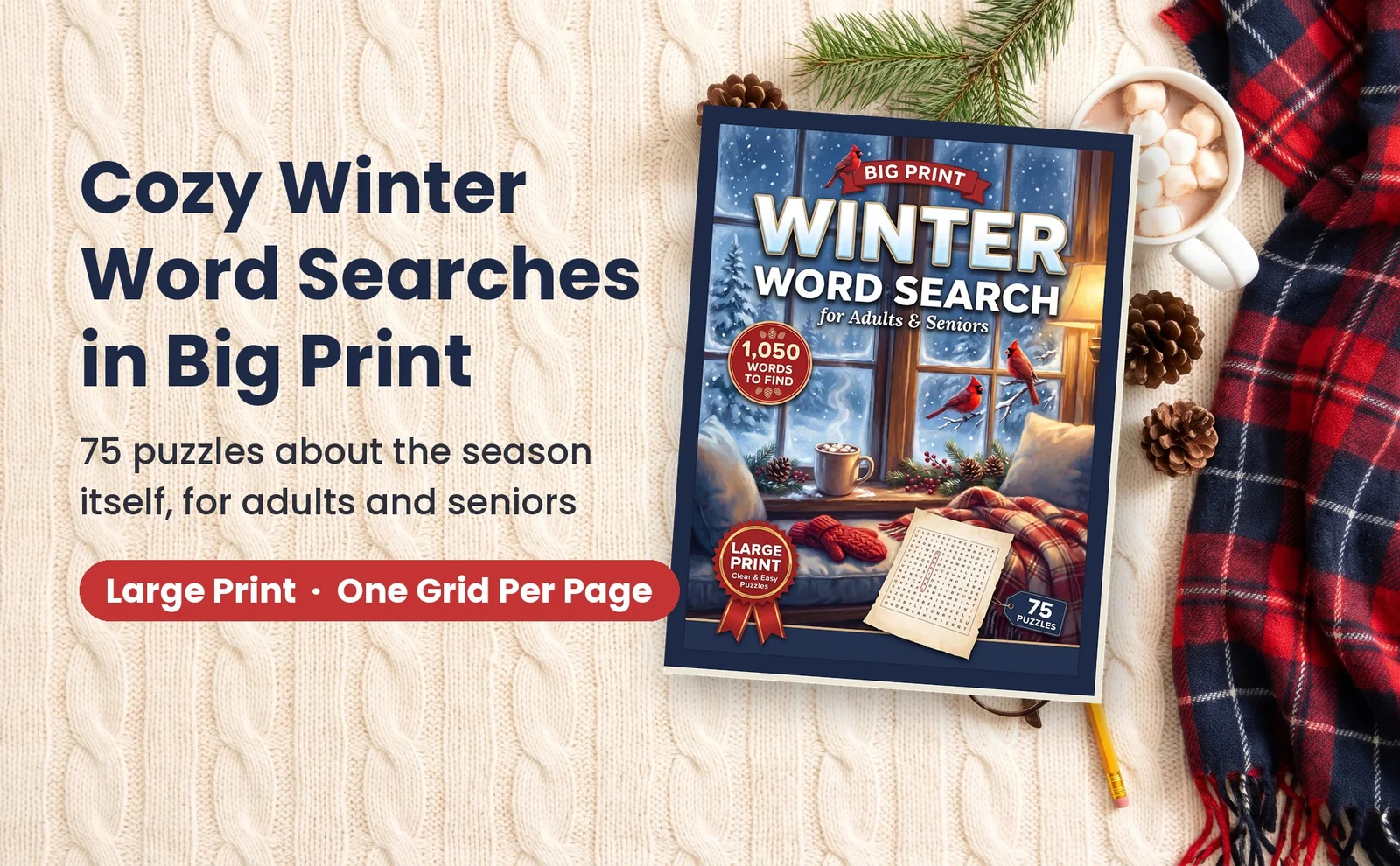 Big Print Winter Word Search book on a cream knit blanket beside cocoa, pinecones and a plaid scarf.