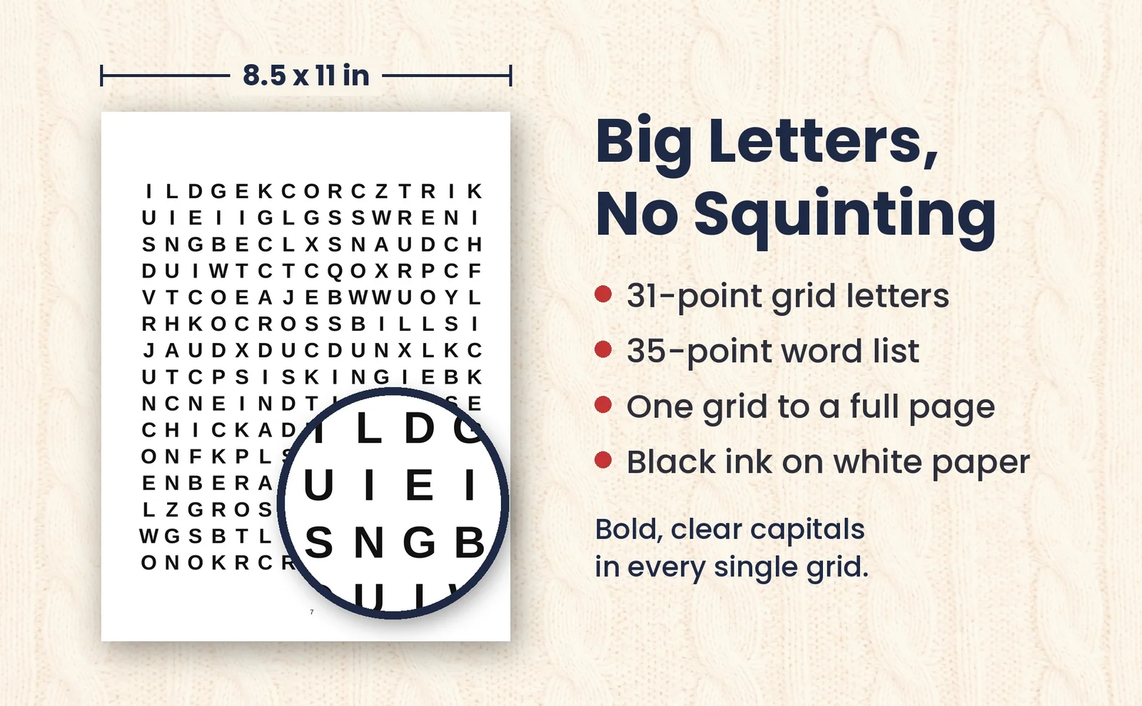 A full page word search grid in large capital letters, with a magnifier on the top corner.