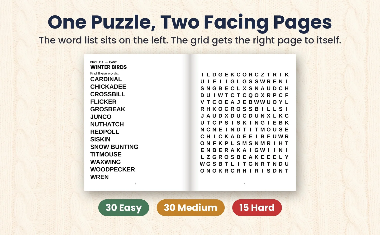 An open book: the Winter Birds word list on the left page faces its grid on the right.