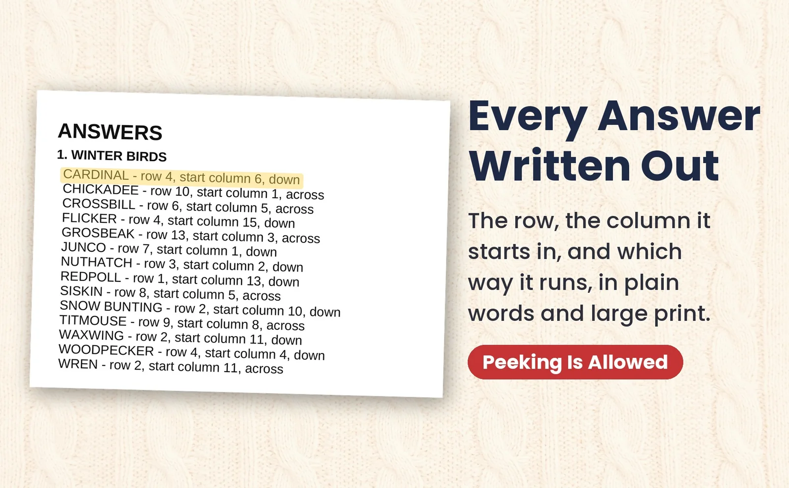 An answer page listing each Winter Birds word with its row, starting column and direction.