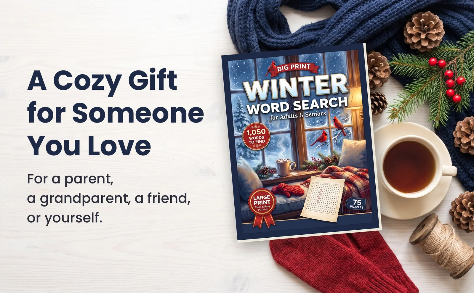 Big Print Winter Word Search book on a white table with a navy scarf, red mittens and tea.