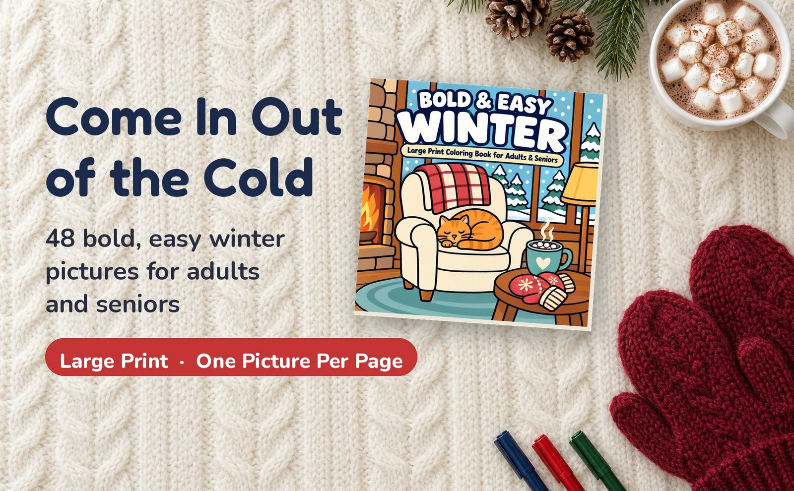 Bold & Easy Winter coloring book on a cream knit blanket beside red mittens and a mug of cocoa.