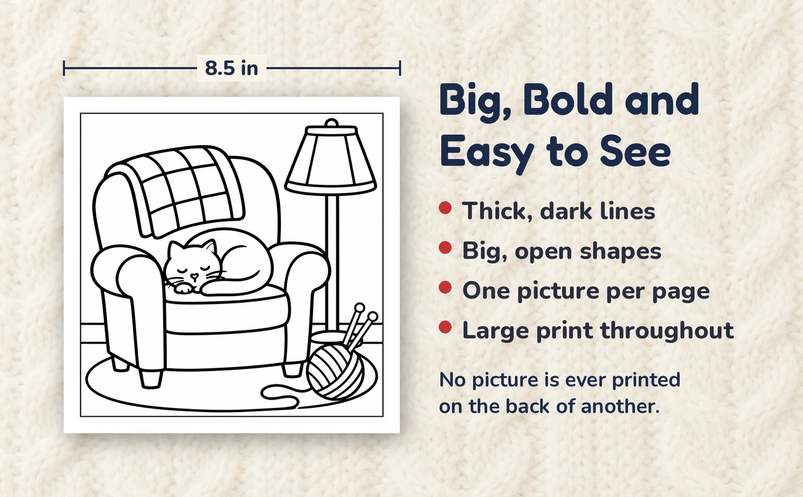 A bold line drawing of a cat asleep in an armchair, with thick outlines and big open shapes.