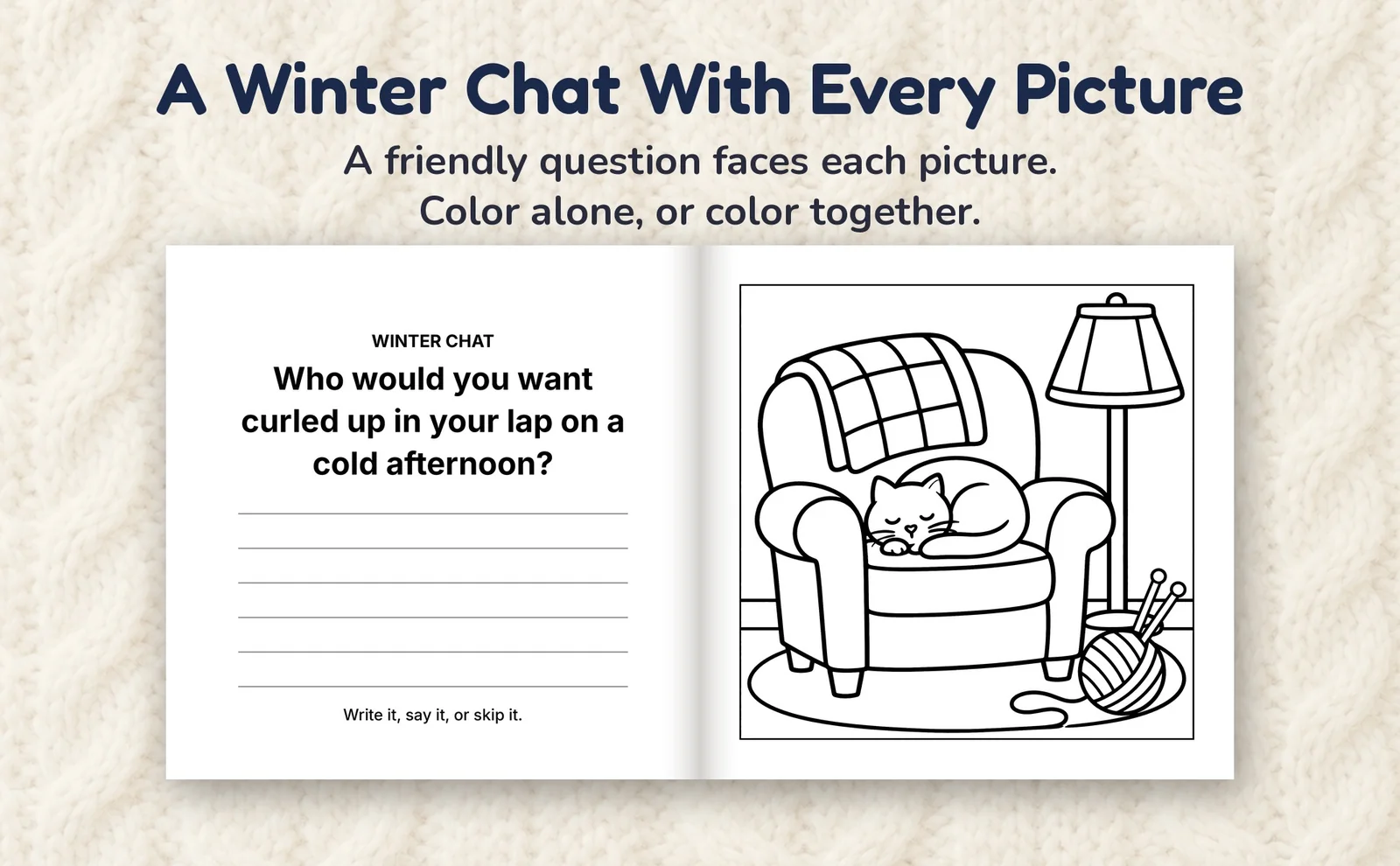 An open book: a large print question on the left page faces a picture of a cat on the right.