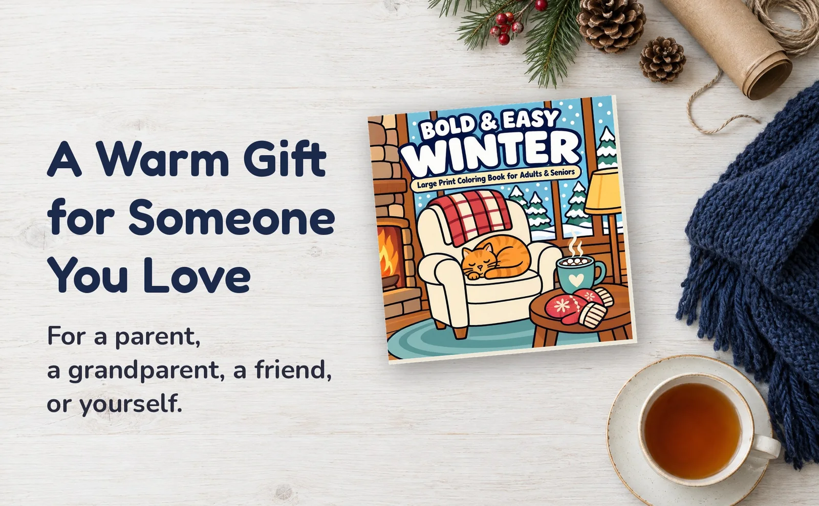 Bold & Easy Winter coloring book on a white table with a navy scarf, a cup of tea and pinecones.