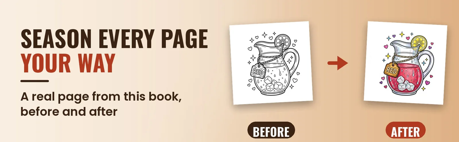 A blank pitcher of red drink coloring page beside the same page colored with a lemon slice and ice.