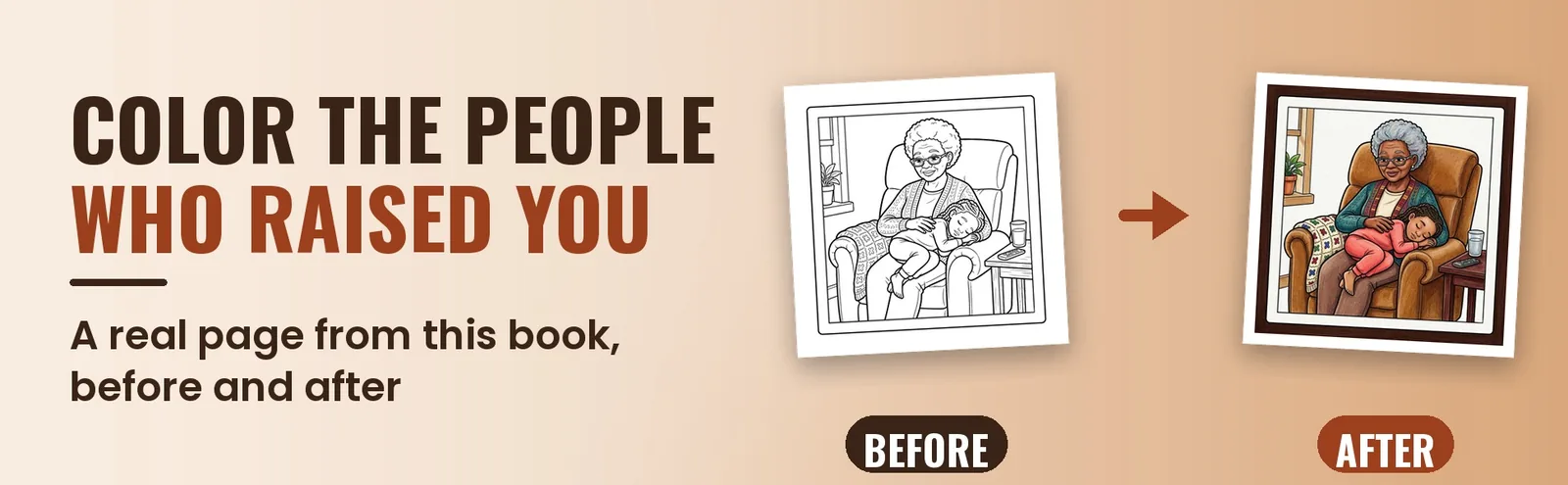 A blank page of a grandmother holding a sleeping child beside the same page colored in warm tones.