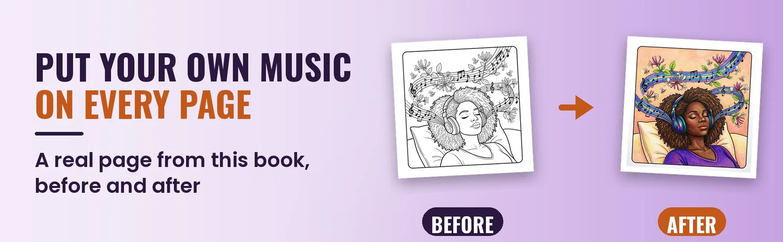 A blank page of a woman in headphones beside the same page colored in purple and blue.