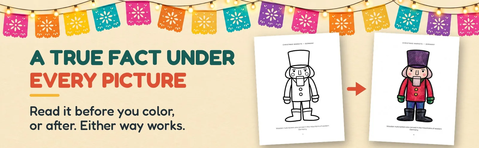A blank nutcracker coloring page beside the same page colored in red and purple.