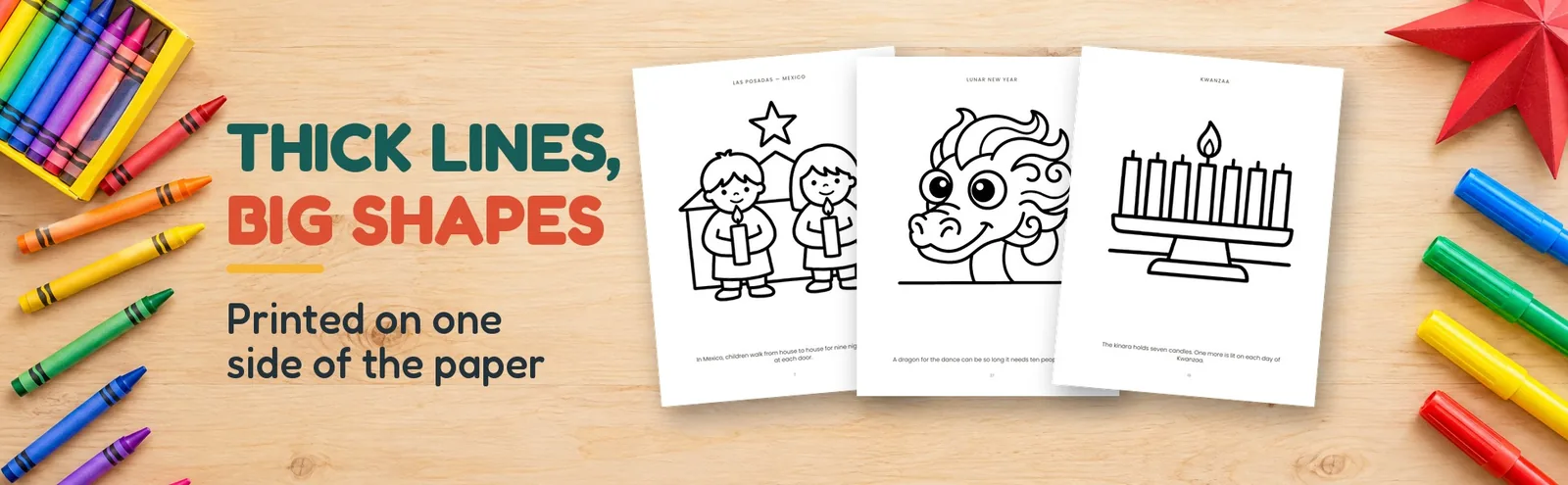 Three coloring pages with thick outlines fanned out beside crayons and markers.