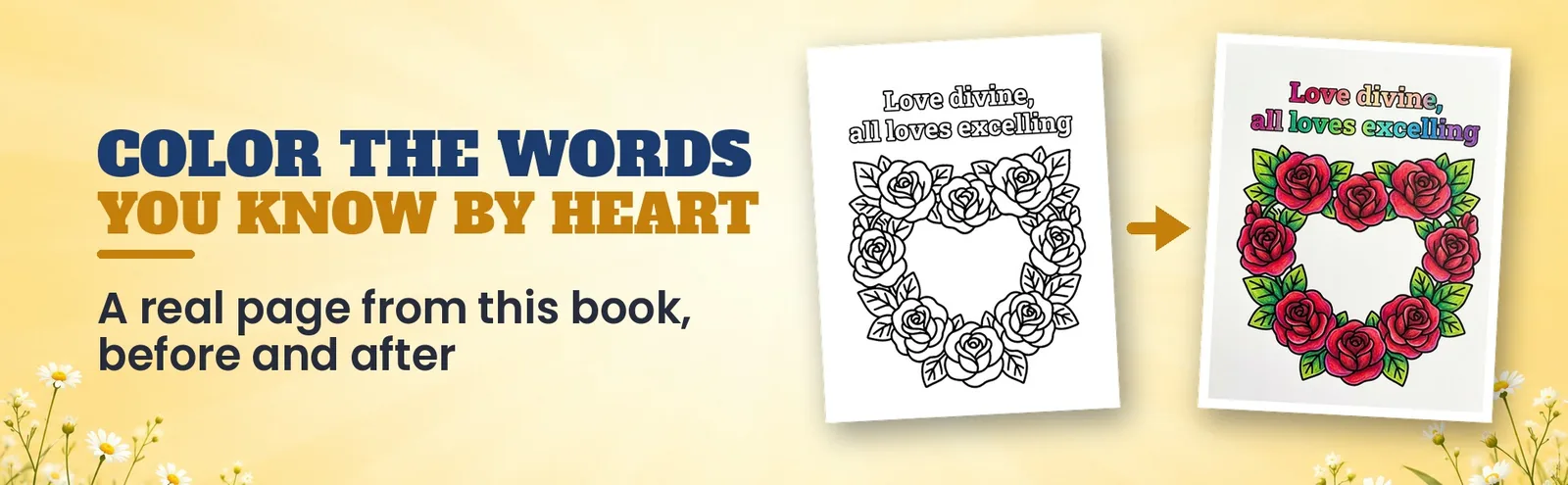 A blank hymn coloring page beside the same page colored with red roses.