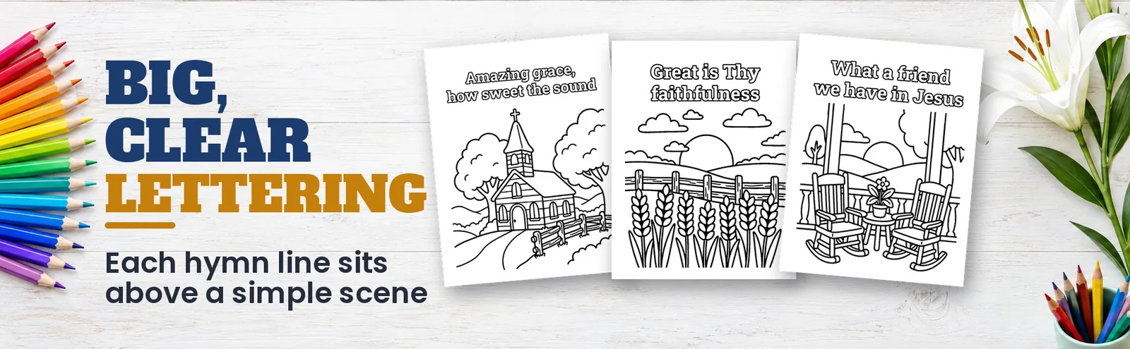 Three hymn coloring pages with large lettering fanned out beside colored pencils.