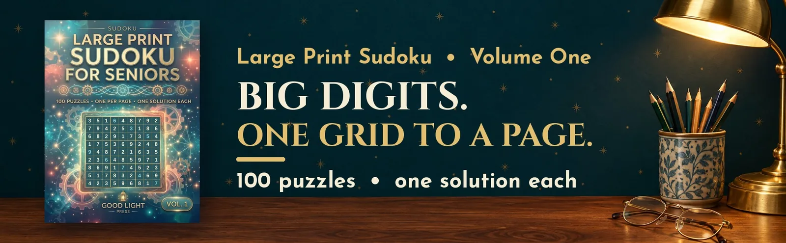 The Large Print Sudoku cover on a walnut desk beside a brass lamp and a cup of pencils.