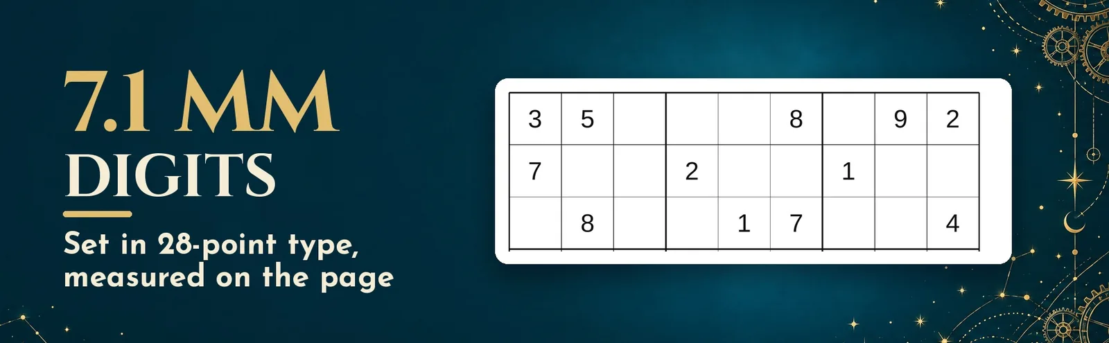 A close-up of large printed sudoku digits in the top three rows of a puzzle grid.