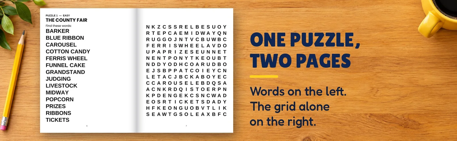 An open book showing a word list on the left page and its puzzle grid on the right.