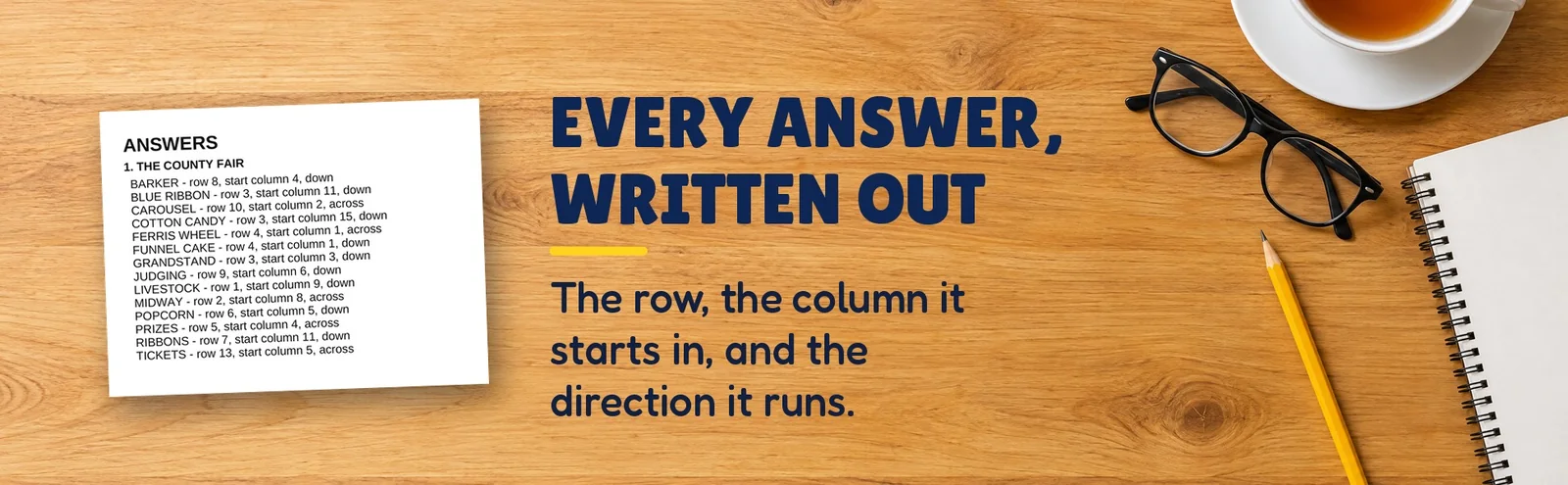 An answer key page listing each word with its row, starting column and direction.