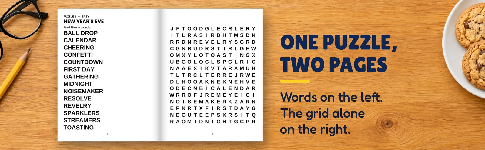An open book showing a word list on the left page and its puzzle grid on the right.