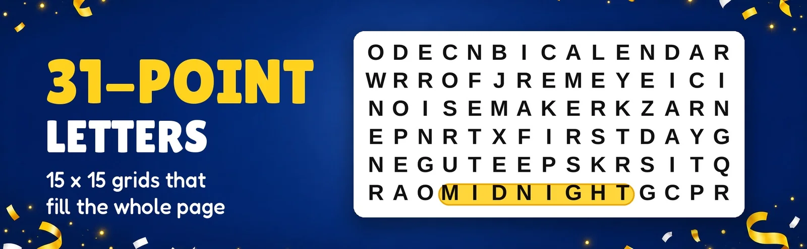 A close-up of large puzzle letters with the word MIDNIGHT circled in yellow.