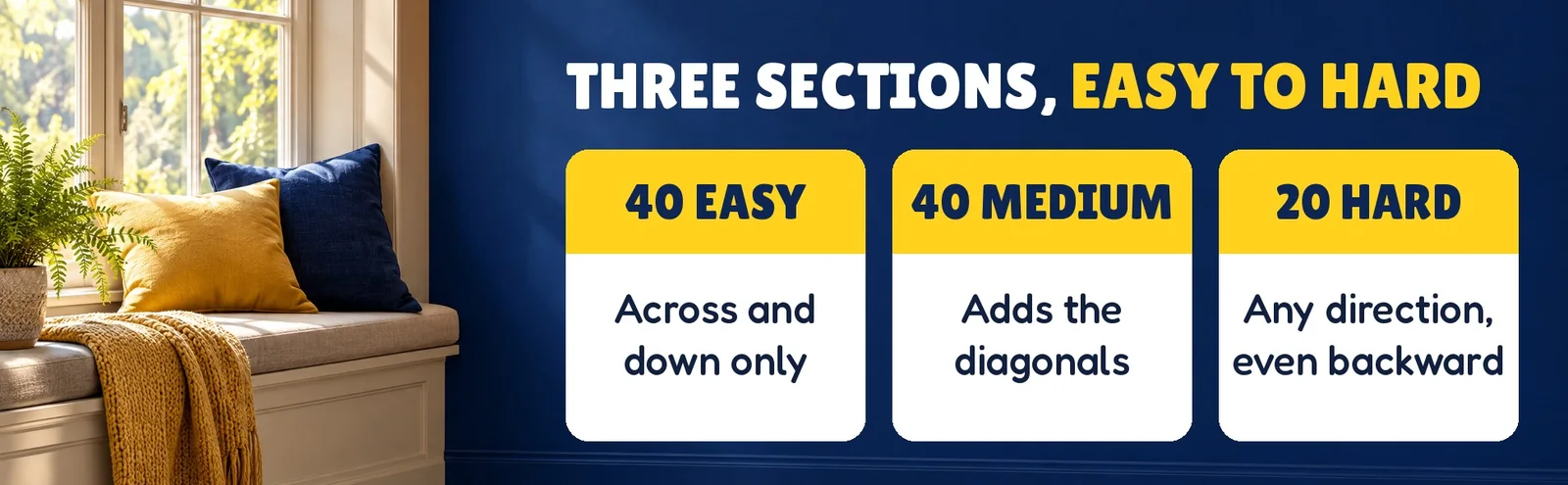 Three cards for the easy, medium and hard sections beside a sunny window seat.