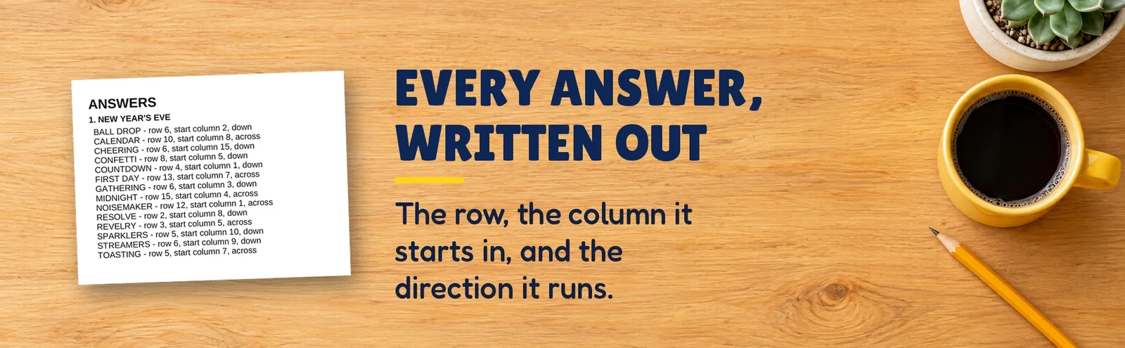 An answer key page listing each word with its row, starting column and direction.