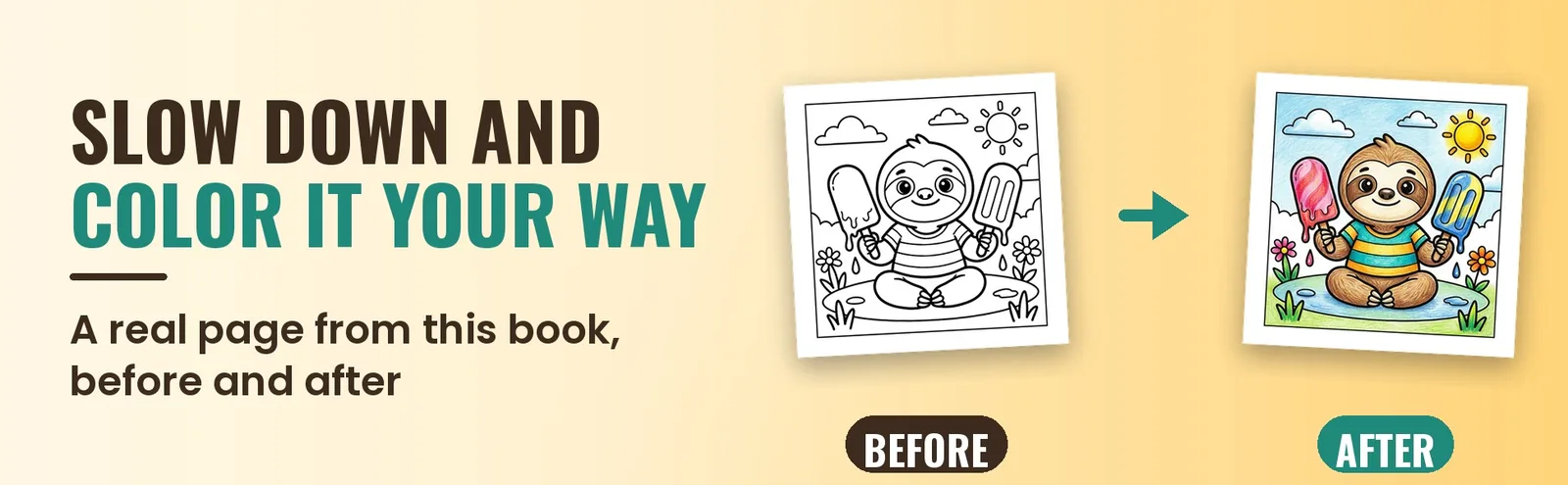 A blank sloth with popsicles coloring page beside the same page colored in bright summer colors.