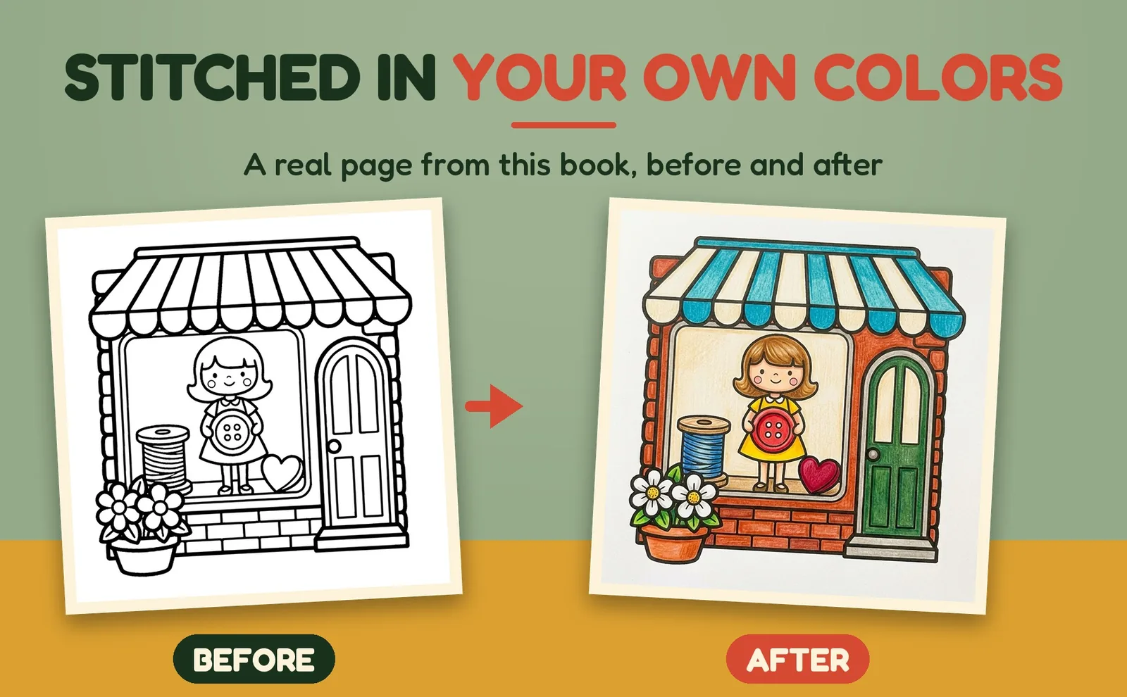 A blank sewing shop coloring page beside the same page colored with a striped awning.