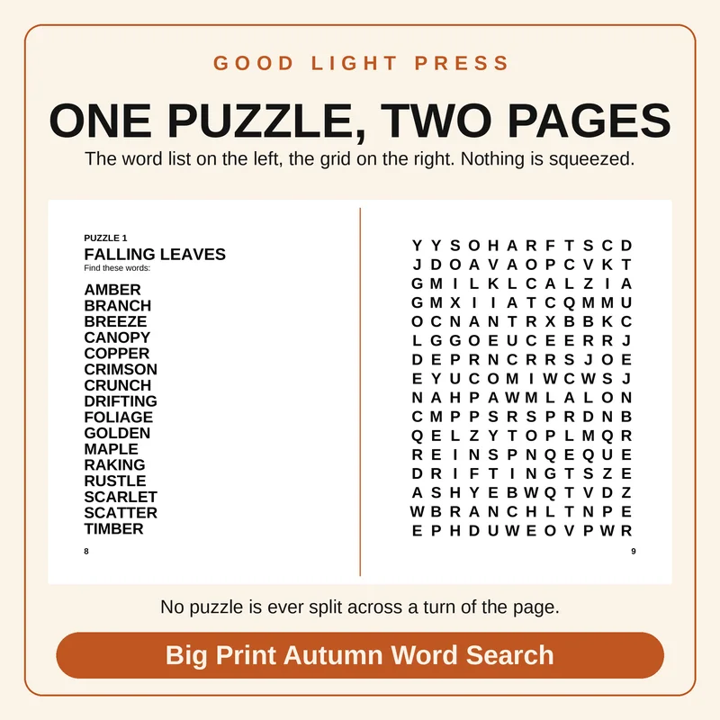 Sample page 1 from Big Print Autumn Word Search