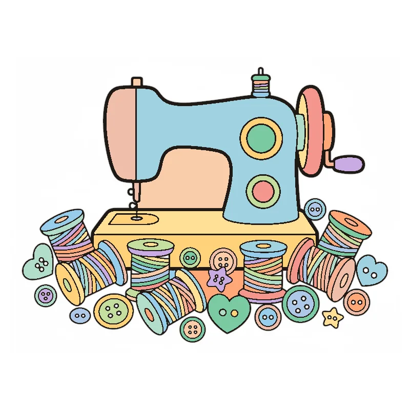 A colored-in page from Vintage Sewing Studios showing a vintage sewing workspace