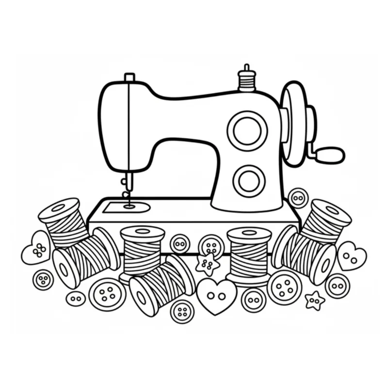 A bold and easy line drawing of a vintage sewing machine surrounded by thread spools and buttons, from the Vintage Sewing Studios coloring book